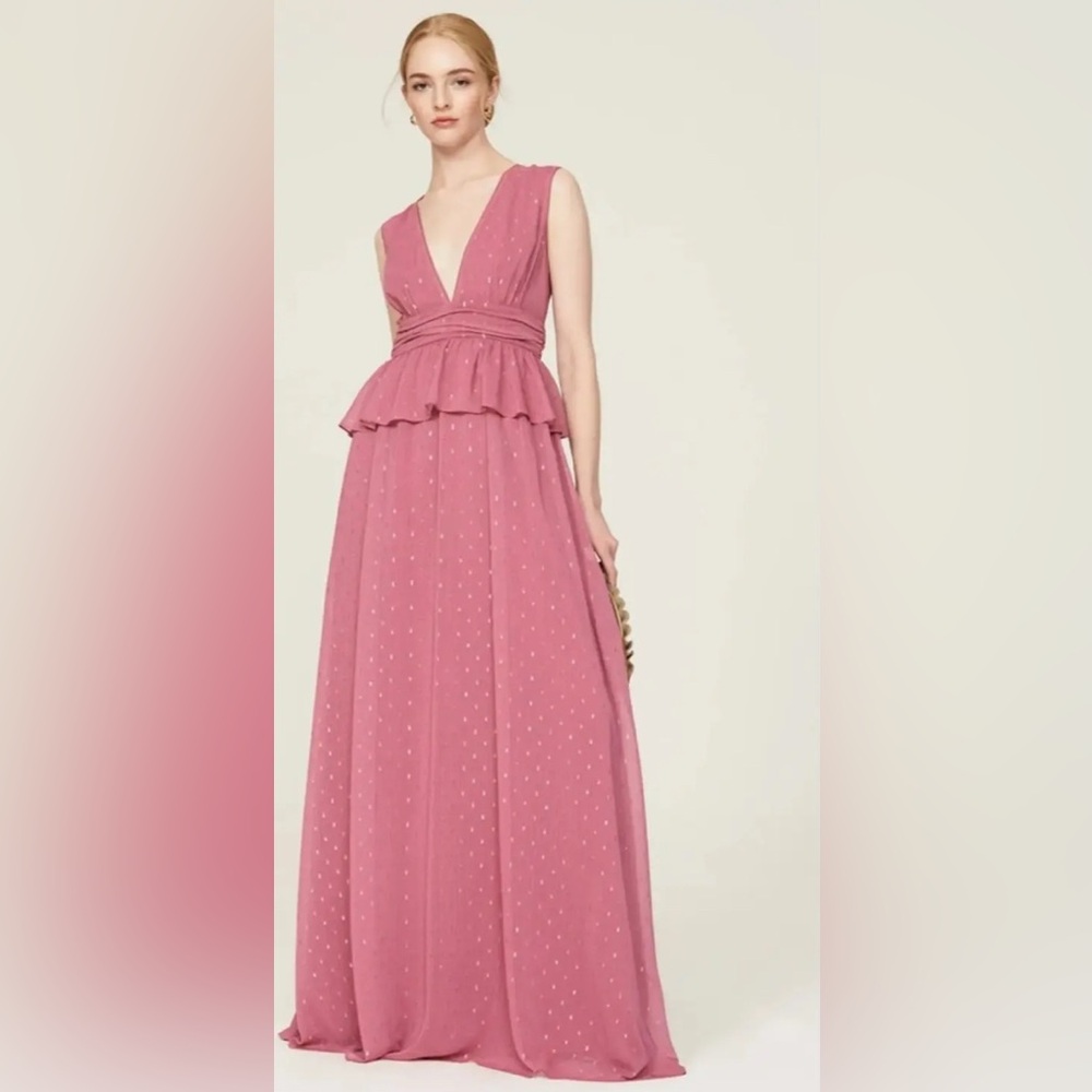 LDT Pink Rose Metallic Peplum Waist V Neck Maxi Dress, Size 6